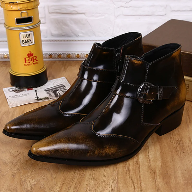 

Высокие ботинки 5 см из натуральной коровьей кожи, модная мужская качественная обувь до щиколотки, мужские зимние ботинки с острым носком на молнии