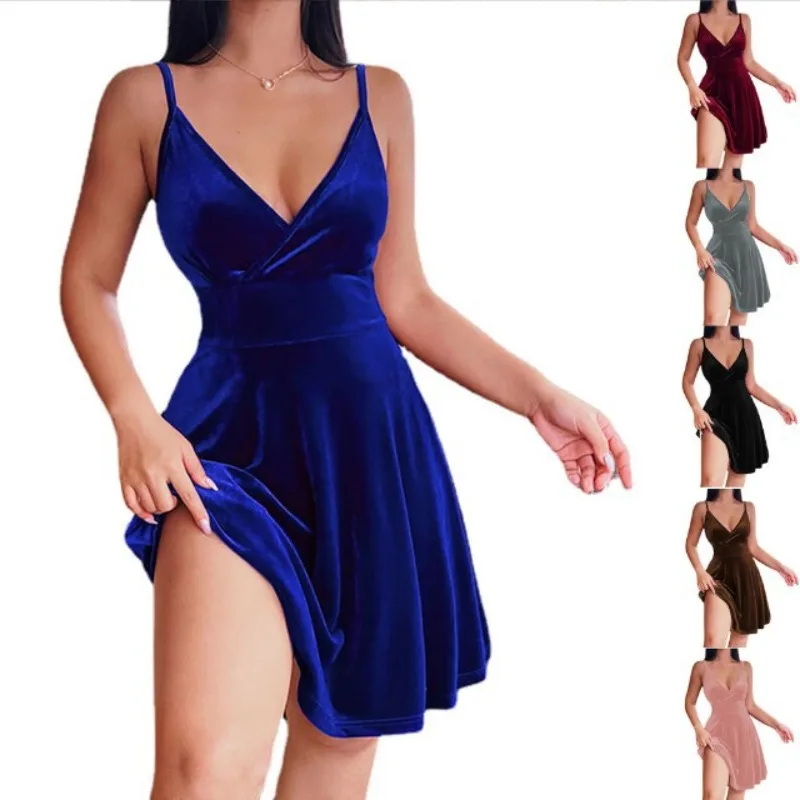 Spring And Summer New Season Sexy High Waist Low Cut V Neck Short Skirt Temperament Fashion Evening Elegant Dress