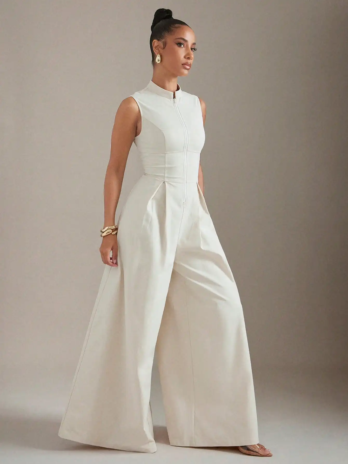 BWQ エクストリーム ワイドレッグ ジップフロント ノースリーブ ブラック ジャンプスーツ