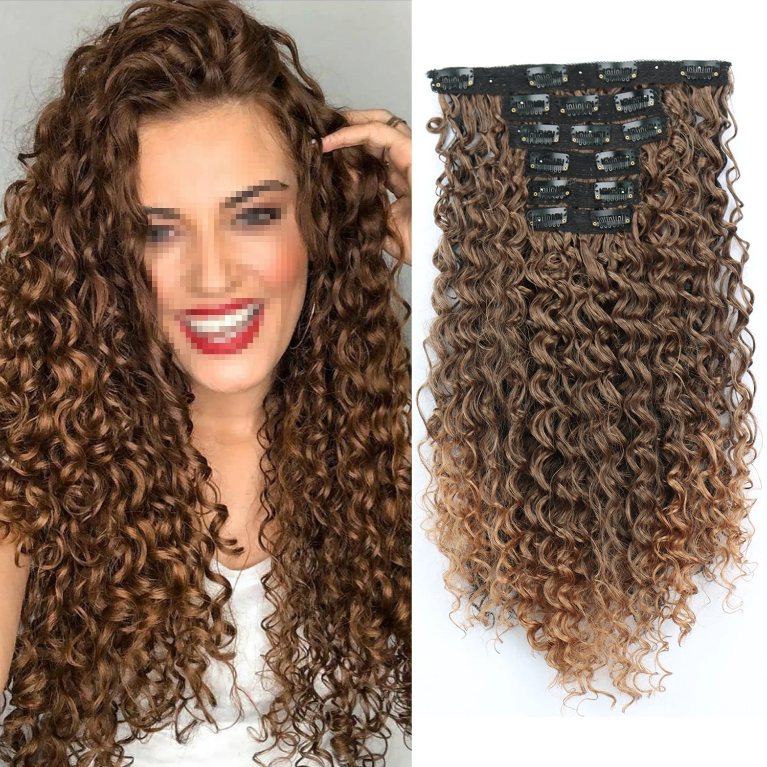 Synthetic 16 Clip In Hair Extensions Kinky Curly Fluffy Black Blonde Full Head Fake Pieces Hair Extensions For Black Women