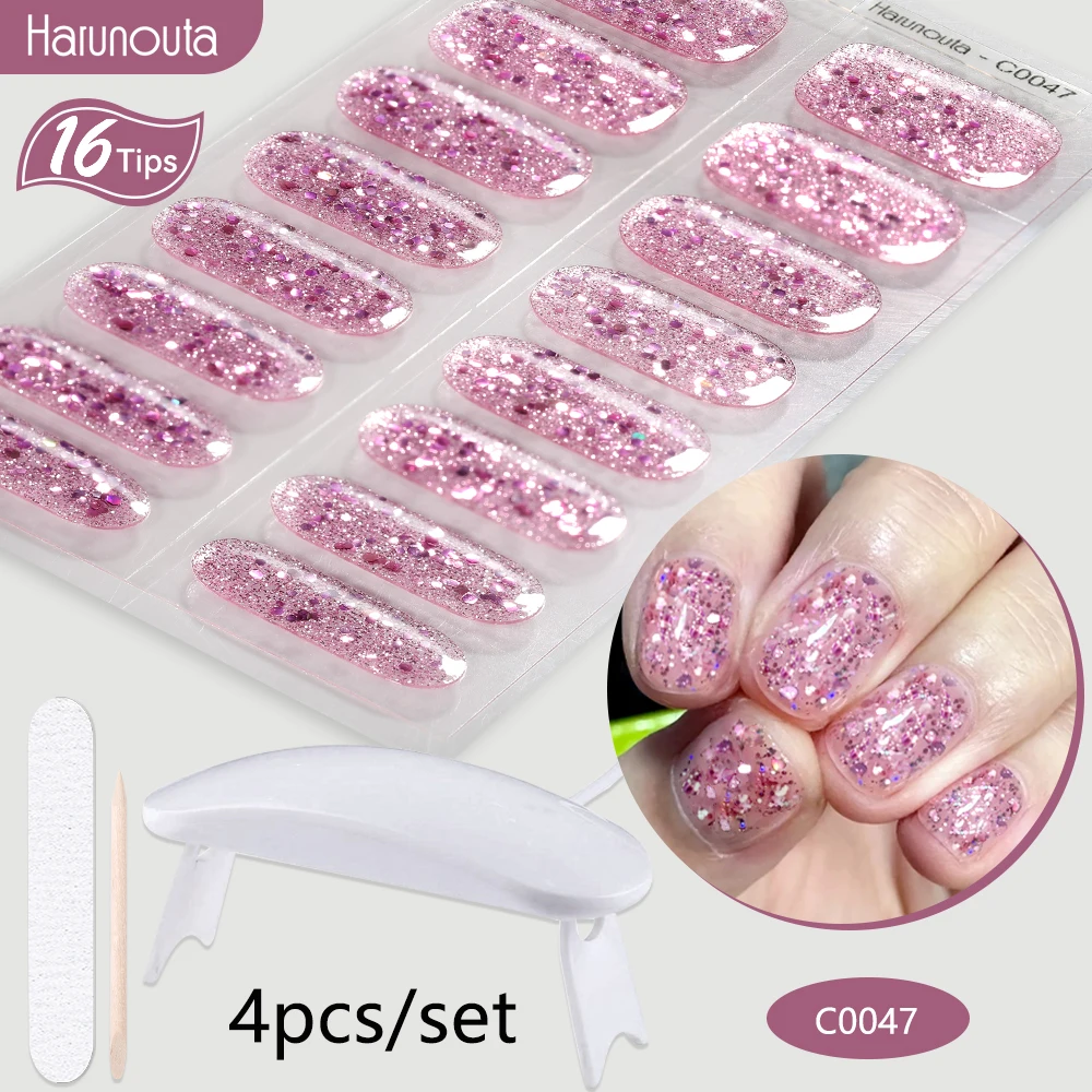 Harunouta 4Pcs/Set Semi Cured Gel Nail Strip with Nail Lamp Sparkly Shinning Gel Nail Polish Nail Stickers Kits Manicure Art