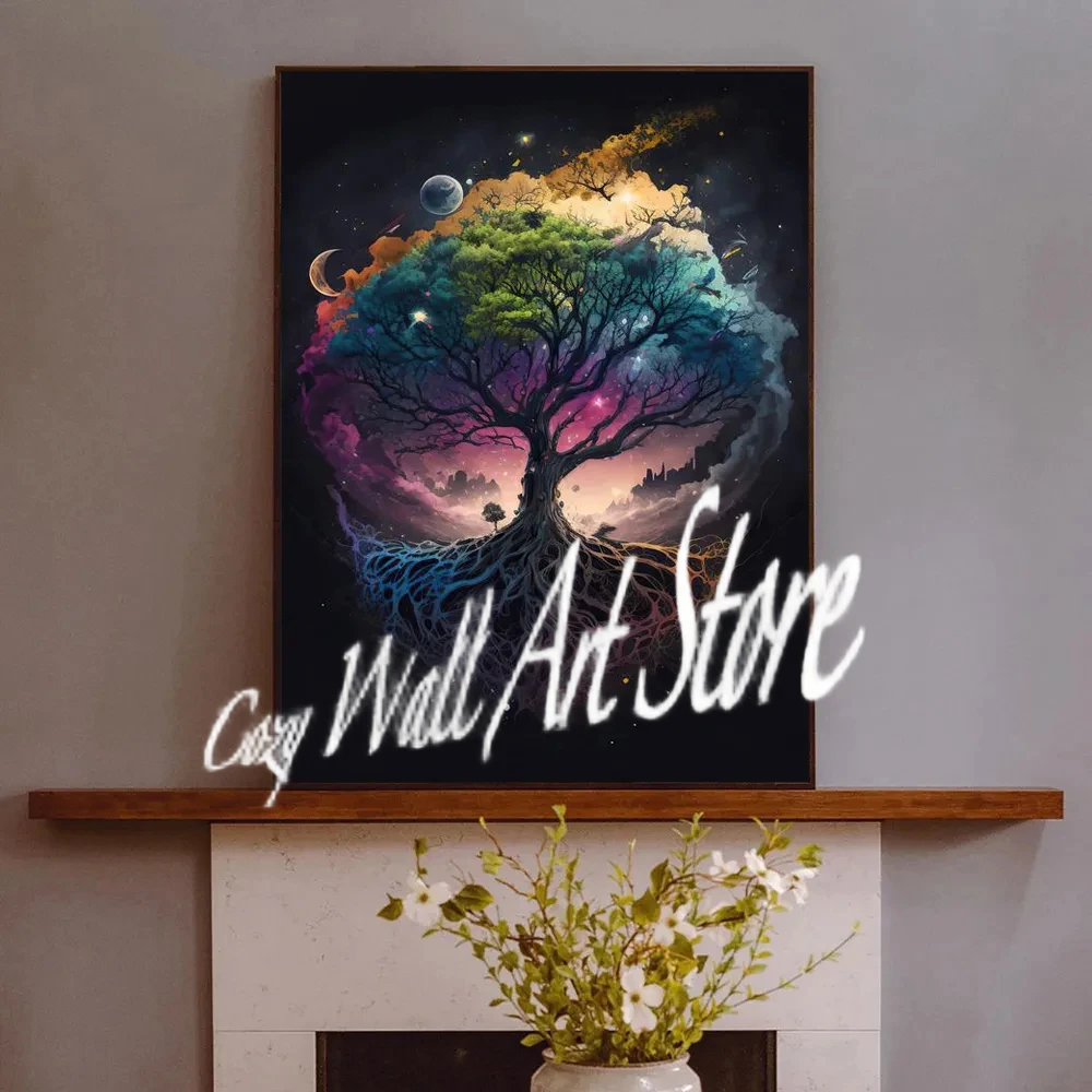 Flashing Magic Life Tree Posters Printmaking Galaxy Aurora Plant Canvas Art Natural Beauty Home Decor Wall Living Room Painting