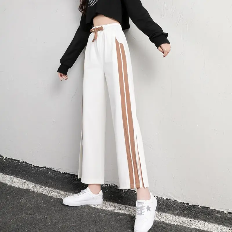 Moda Nova Primavera Verão Mulheres Casual Sports Pant Solid Loose Cintura Alta Drawcord Bolsos Coreano Wide Leg Straight Trouser 2023