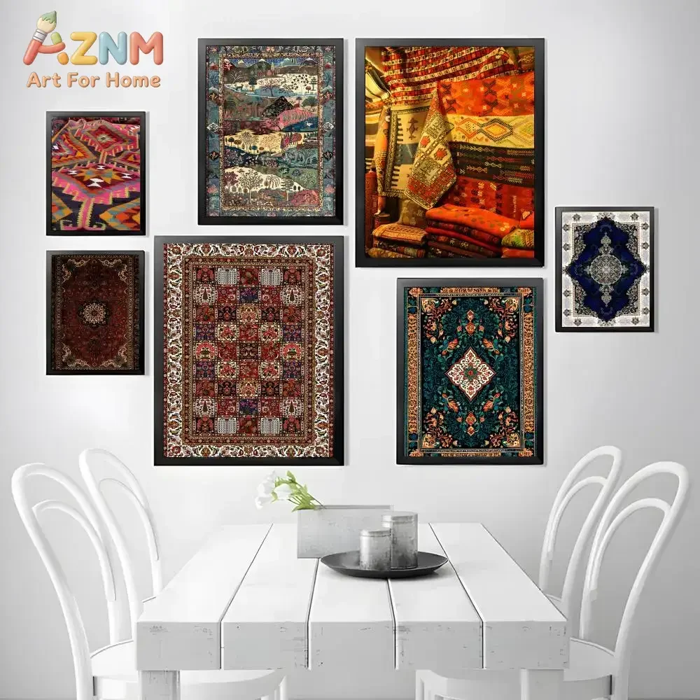 AZNM Bohemian Vintage Rug Pattern Canvas Wall Art, Oriental Ethnic Carpet Texture Print, Unframed Canvas Painting for Boho Home