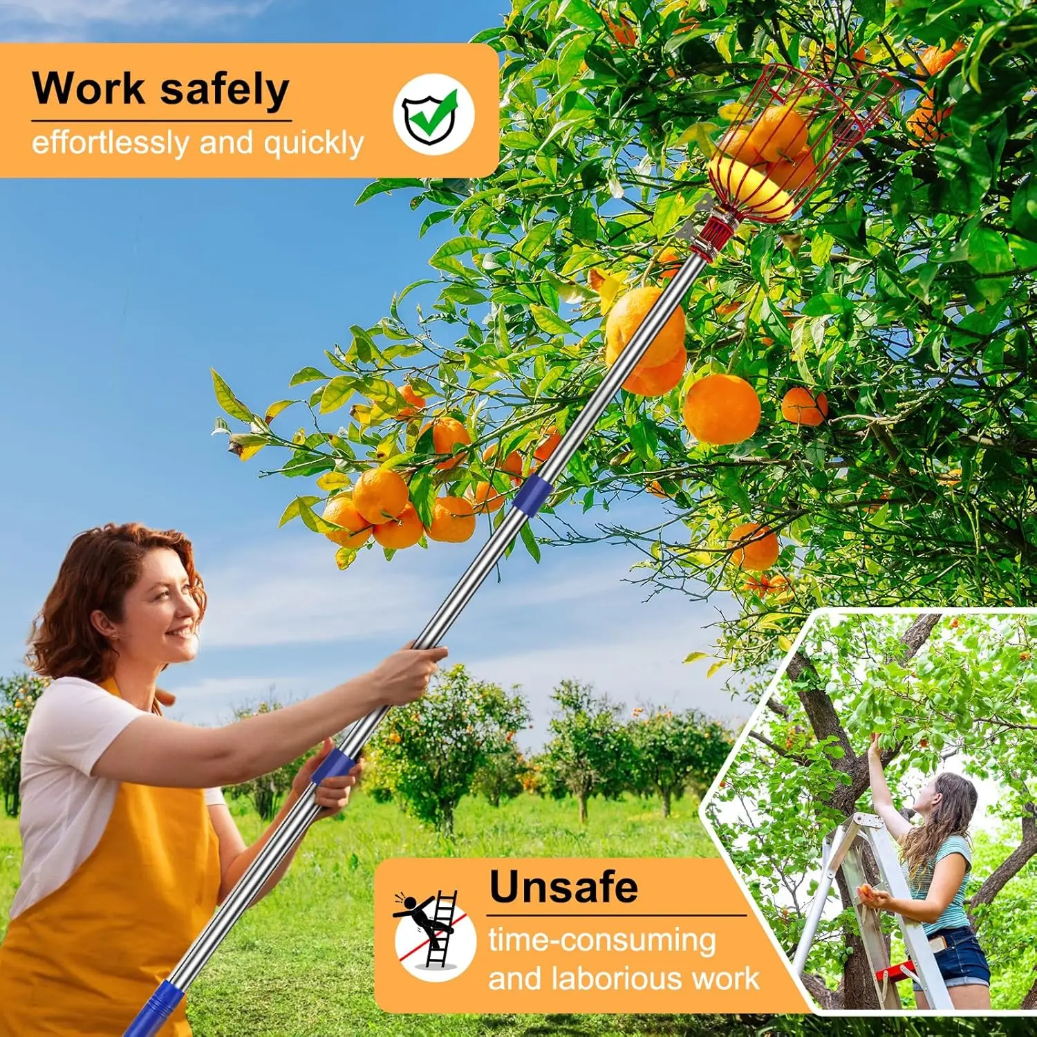 Käfigförmiger Obstpflücker aus Edelstahl, verstellbarer Obstpflückerstab 1,6m-4m, Pflückwerkzeug für Äpfel, Orangen, Avocados – Detail 1