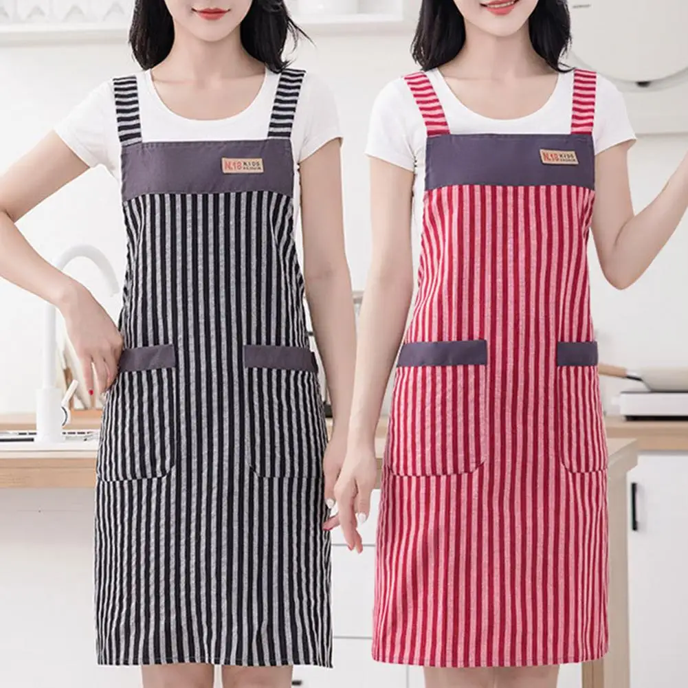 

Kitchen Apron Strip Pattern Breathable High Elasticity Sleeveless Oil-proof Wide Shoulder Strap Cotton Apron Waiter Work Uniform