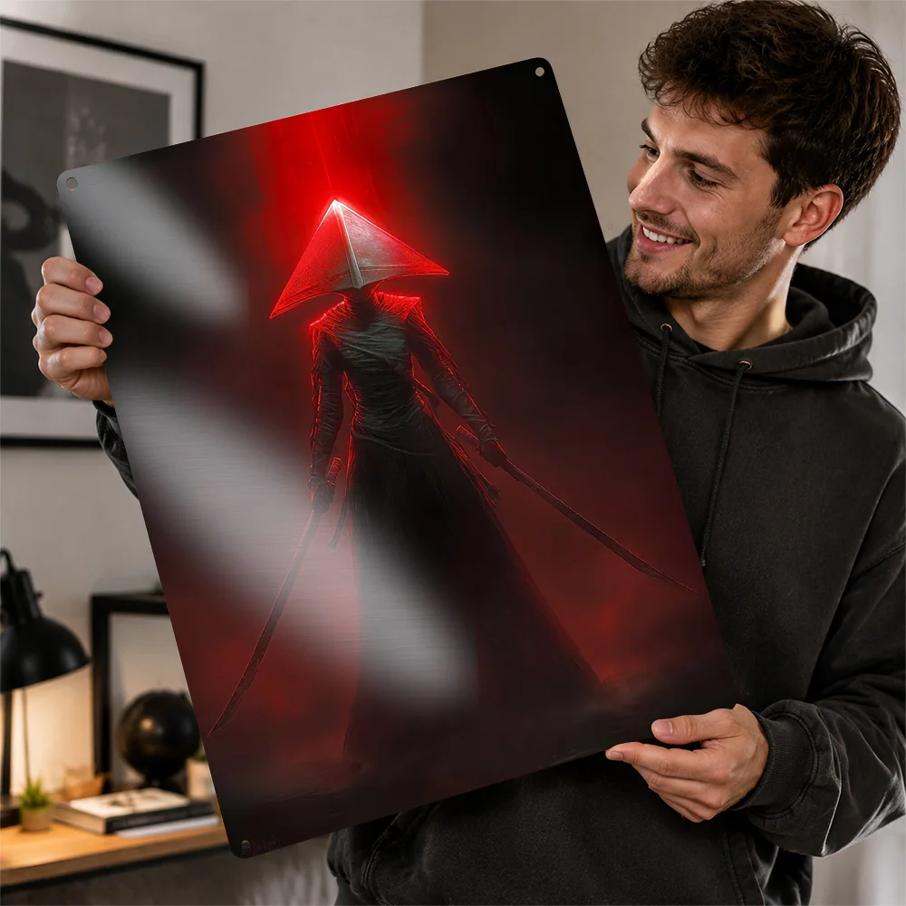 Mysterious Samurai With Red Light Aluminum Poster Personalized Metal Sign Bold Dark Folklore Wall Art For Mythology Collectors