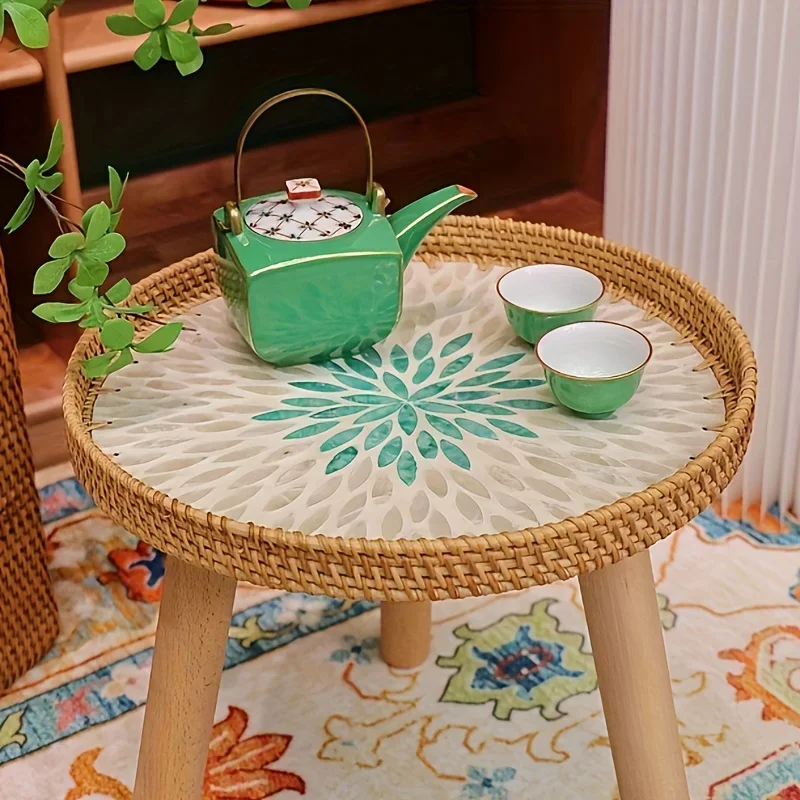 Vintage  Pattern Small Coffee Table Retro Pattern Round Table with storage space for living room perfect storage table