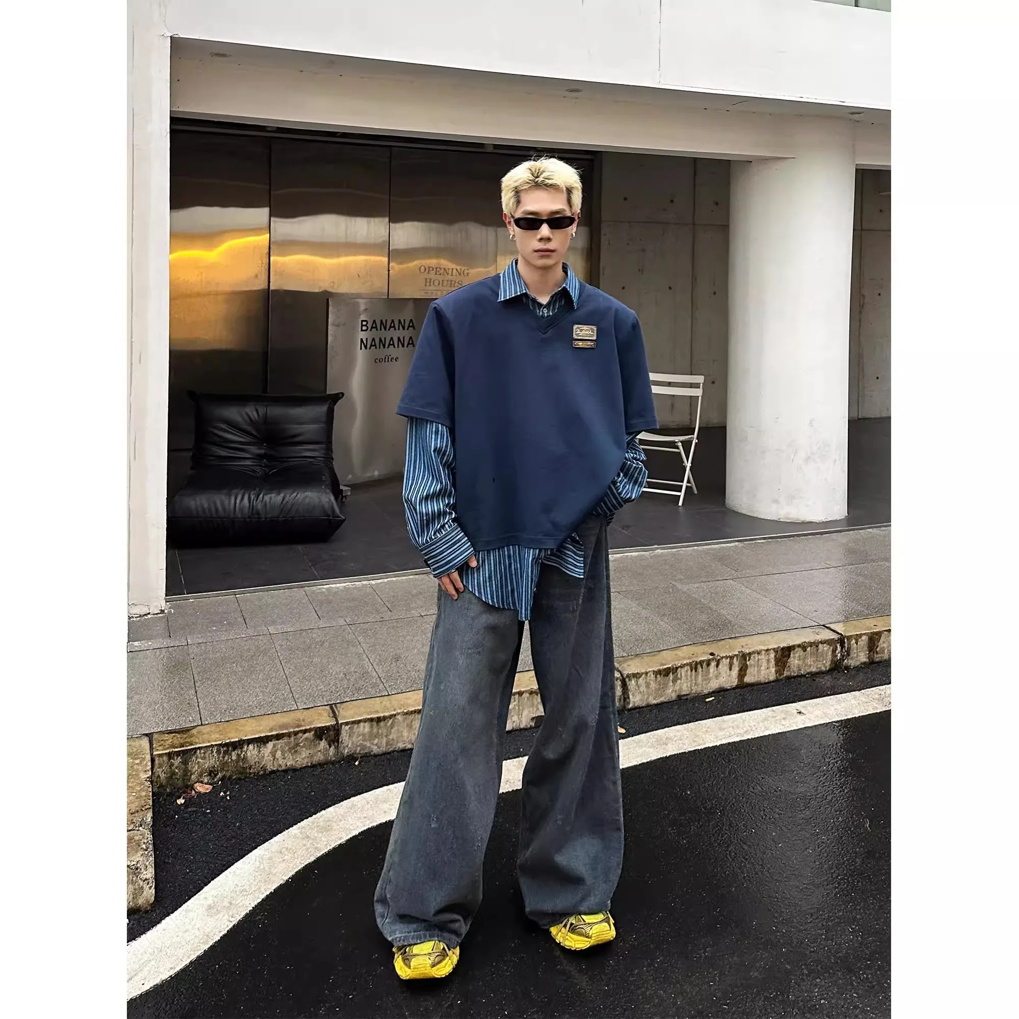 

American Sle Men's Long Sve irt 300 Pou Blue Striped Outerwear Design Loose Fit Casual Wear Polyester Material
