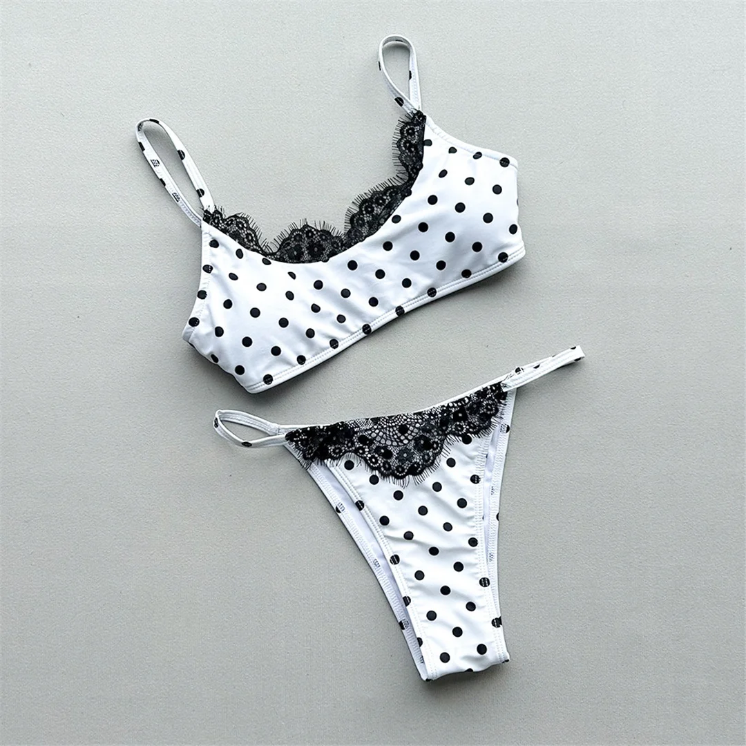 Polka Dot Splicing Spitzen-Bikini Damen-Badeanzug Zweiteiliger Bikini-Set mit hohem Beinausschnitt Badeanzug V8452 – Detail 5