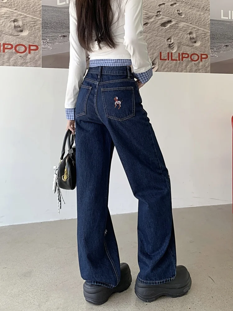 2024 Ropa Y2K Fashion Butterfly Knot Puppy Embroidery Baggy Jeans Pants For Women Clothes Dark Blue Straight Lady Denim Trousers