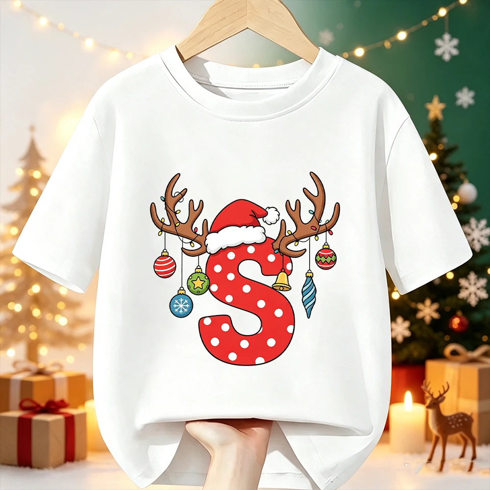 Boys Girls Xmas Party Kids Tee Festive Antler Bauble‑Style A‑Z 26 Alphabet Graphic Cotton Short Sleeve Children Casual Top