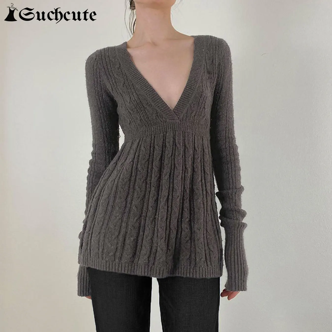 

SUCHCUTE винтажный однотонный свитер Y2k, милые вязаные топы с длинными рукавами и v-образным вырезом, женский повседневный базовый пуловер, новинка 2025, осенне-зимняя одежда