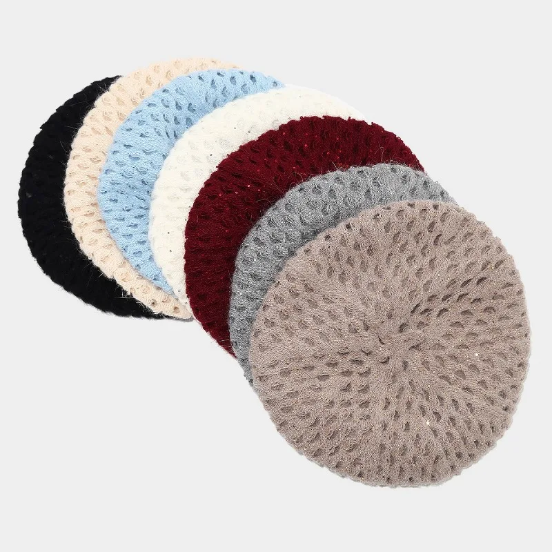 Koreanische minimalistische, durchbrochene Strickmütze mit Pailletten, Kürbismütze für Damen, für Herbst und Winter, weiche, lässige Malermütze im literarischen Stil. – Detail 3