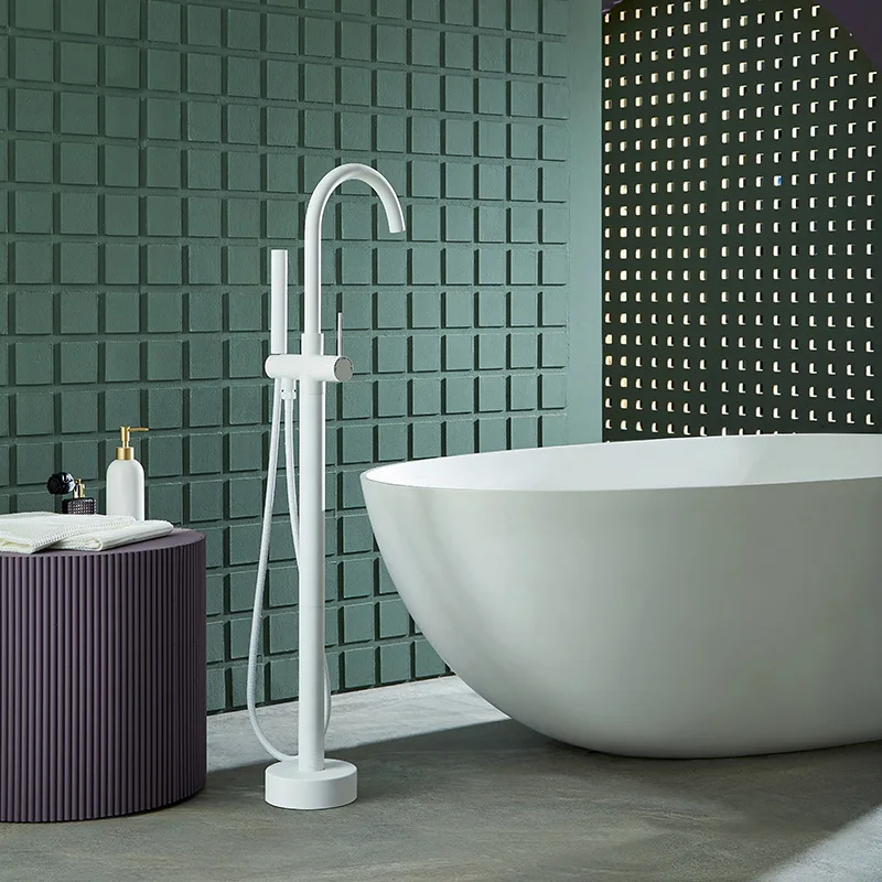 Brass Freestanding Bathtub Faucet with Shower Set White Rotating Spout Hot Cold Water Mixer