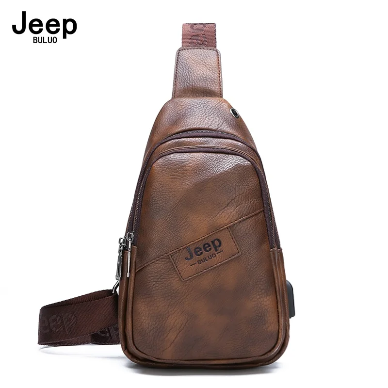 

JEEP BULUO Students Travel Outdoors High Quality Brand Men Chest Bag Leather Brown Fashion Shoulder Crossbody Sling Bags College