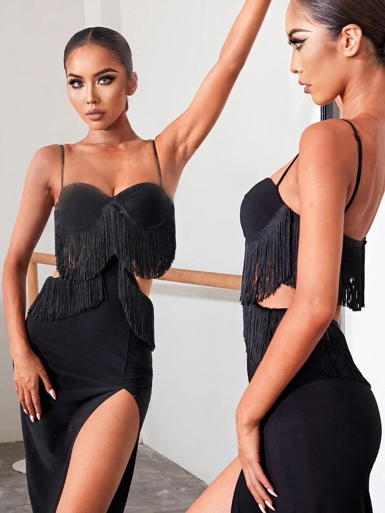 Robe Longue Noire à Franges pour Compétition Latine, Sexy, Tango, Salsa, Cha, Cha, Samba, Régions ba, 2226