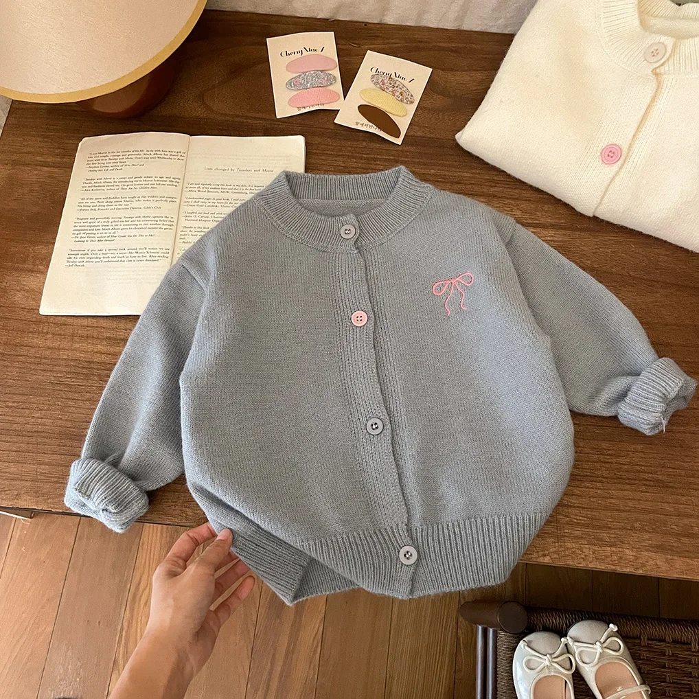 Autumn Children\'s Striped Cardigan Girls\' Knitted Sweater Top Bow Embroidered Little Girl\'s Coat Winter Baby Girl Clothes
