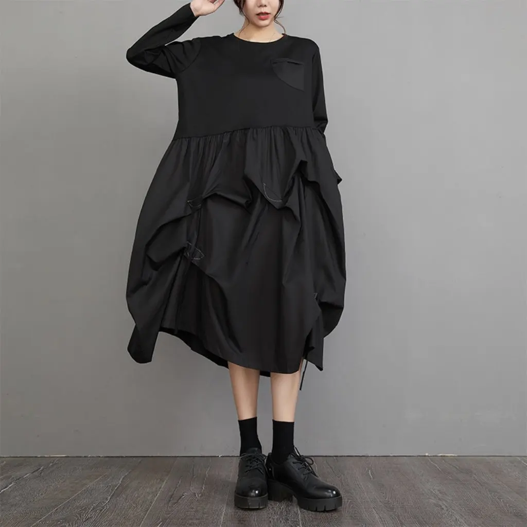 

Черное свободное платье большого размера в стиле ретро с длинными рукавами, осень-зима, новый стиль, дизайн с вышивкой, женское платье больших размеров