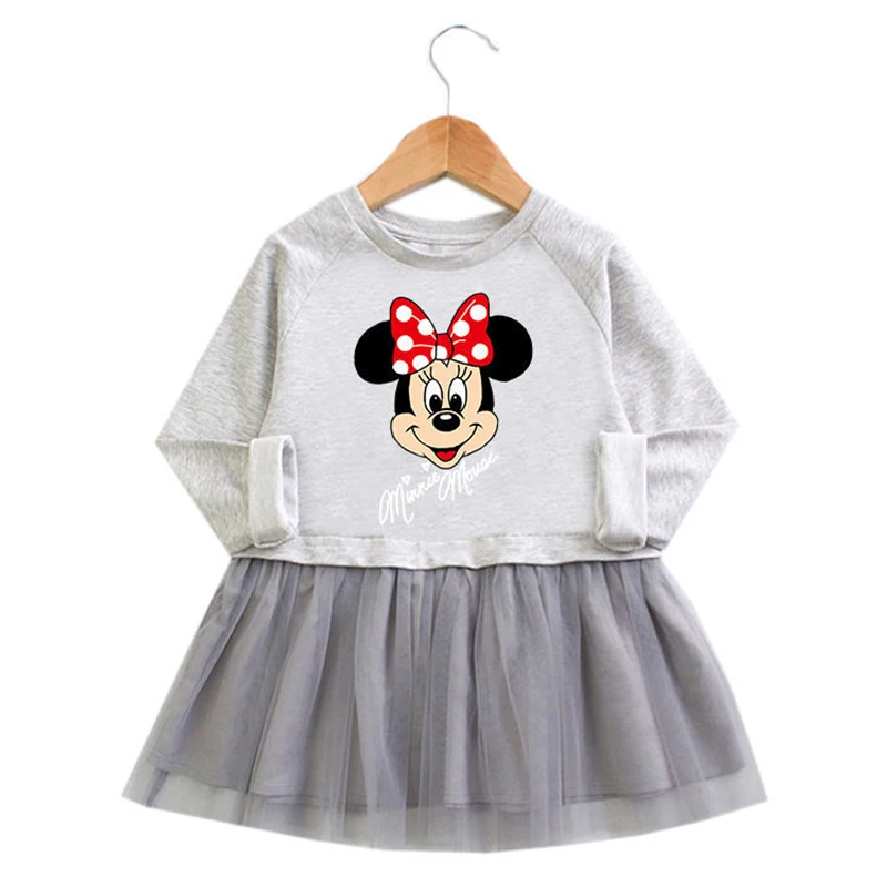 Disney Mickey Mouse Minnie Girls Dresses Kids Cartoon Printed Mesh Long Sleeved Clothes Children Princess Birthday Party Costume