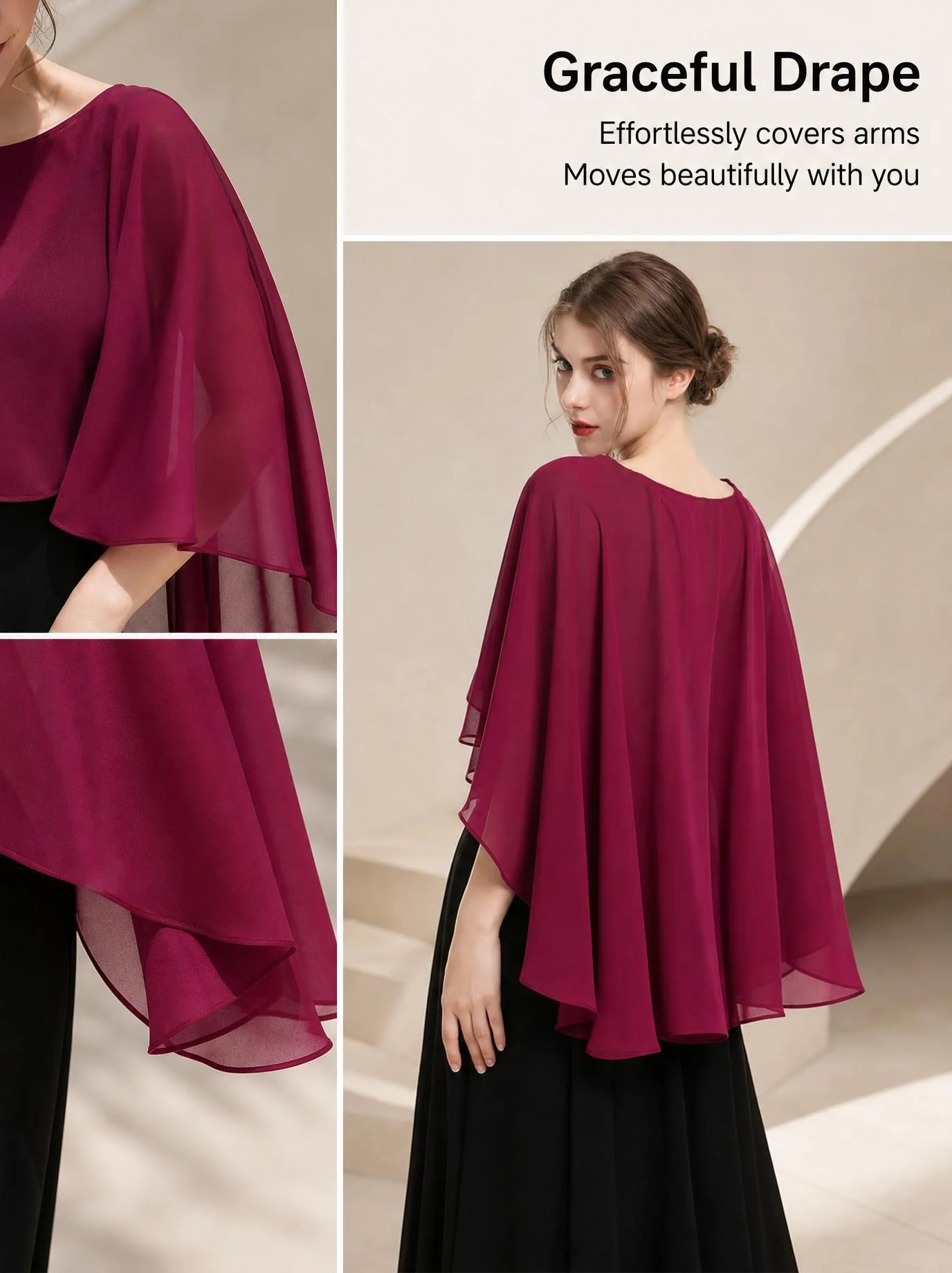 Kurzer, leichter Überwurf aus transparentem Chiffon, locker geschnitten, ideal als Abendkleid-Accessoire. – Detail 4