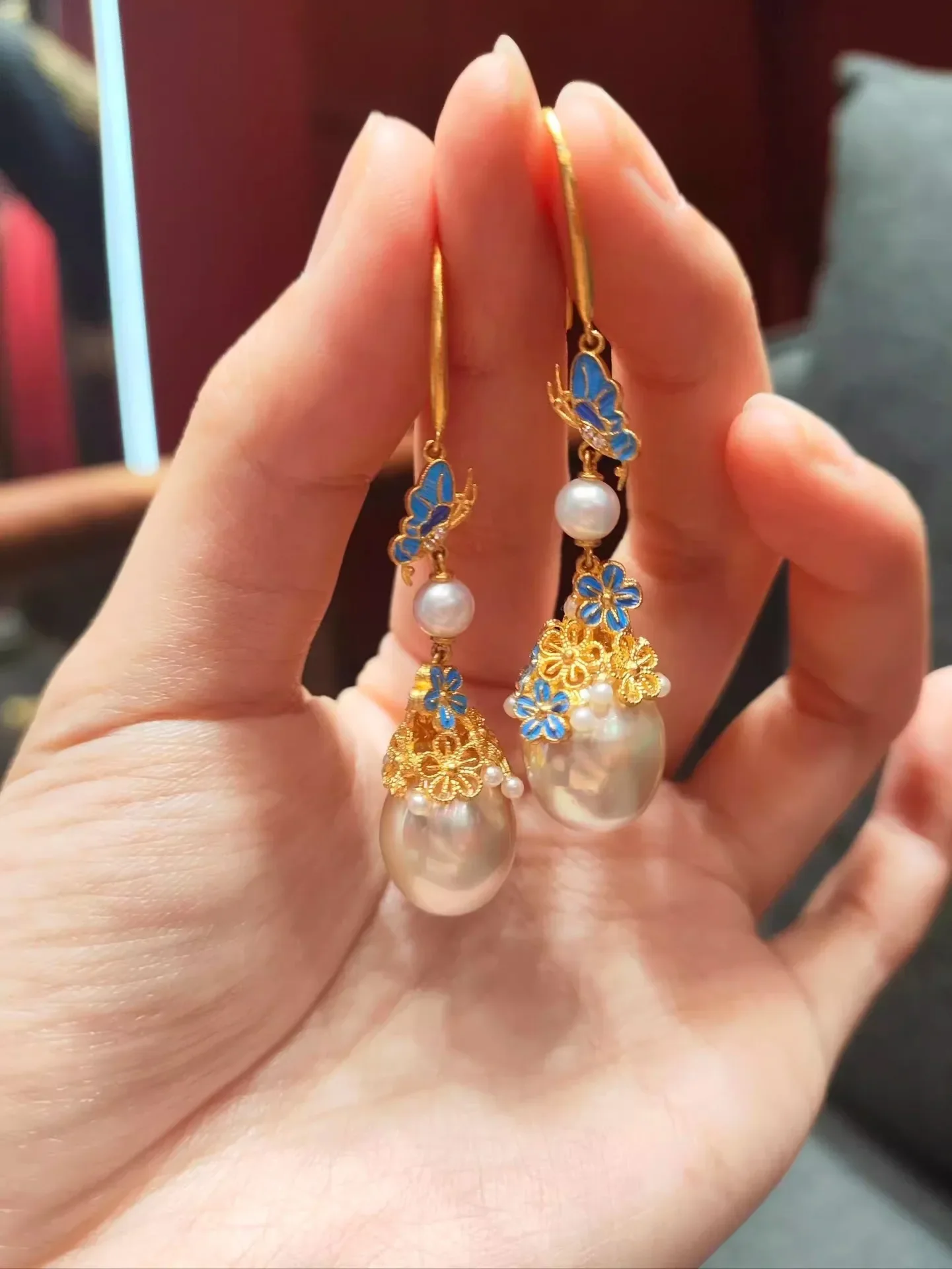 NovaGlod New Chinese style Dot Cui filigree 9999 24K real gold inlaid pearl  for women retro palace style tassel earrings  earri - view 6