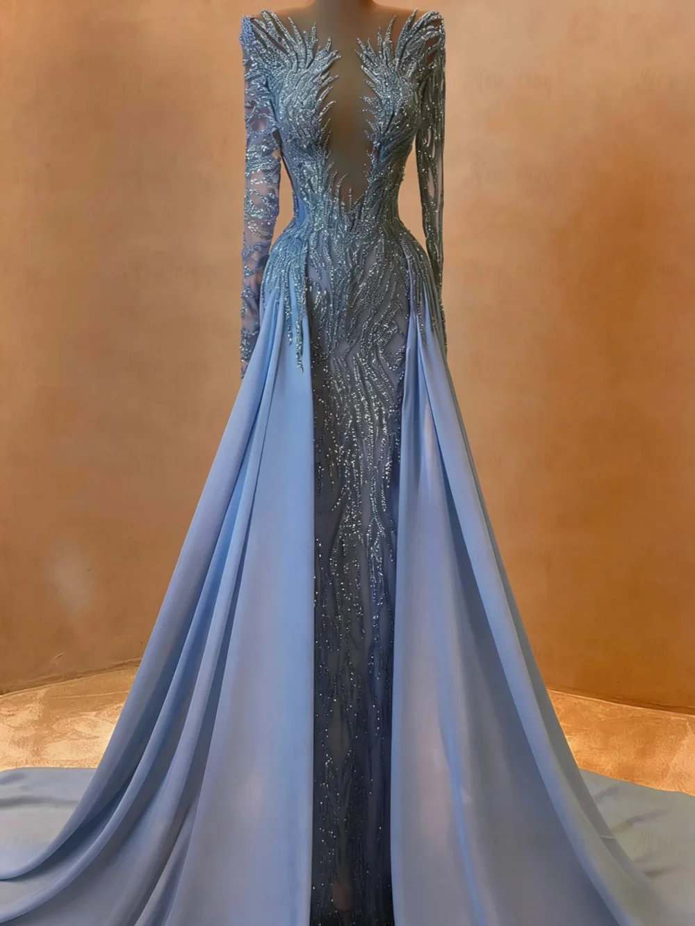 Charmante Perlen-Meerjungfrau-Abendkleider mit tiefem V-Ausschnitt, langen Ärmeln, Ballkleider, Pailletten, Promi-Party, individuell gestaltet