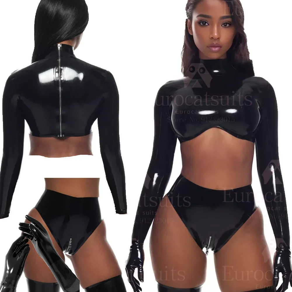 latex fetish Underwear latex gloves Lingerie rubber Panties Women High Waist rubber Thongs Strings zipper bodysuit female