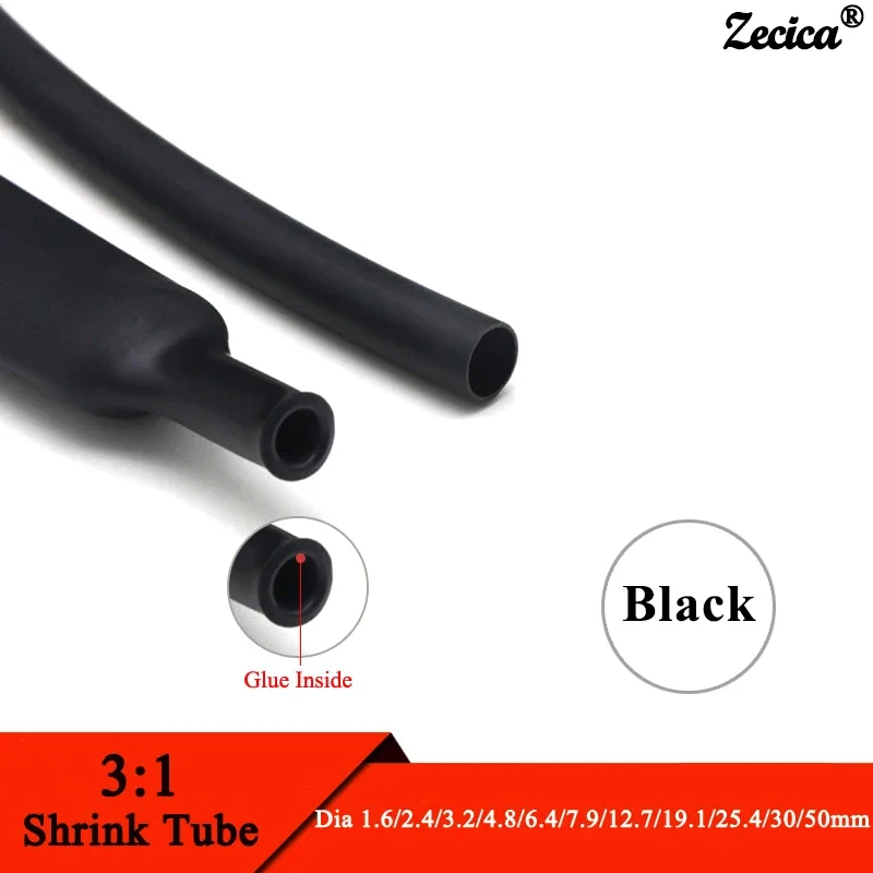 1M Black 3:1 Heat Shrink Tube With Double Wall Glue Tube Diameter 1.6/2.4/3.2/4.8/6.4/7.9/9.5/12.7/15.4/19.1/25.4/30/39/50mm