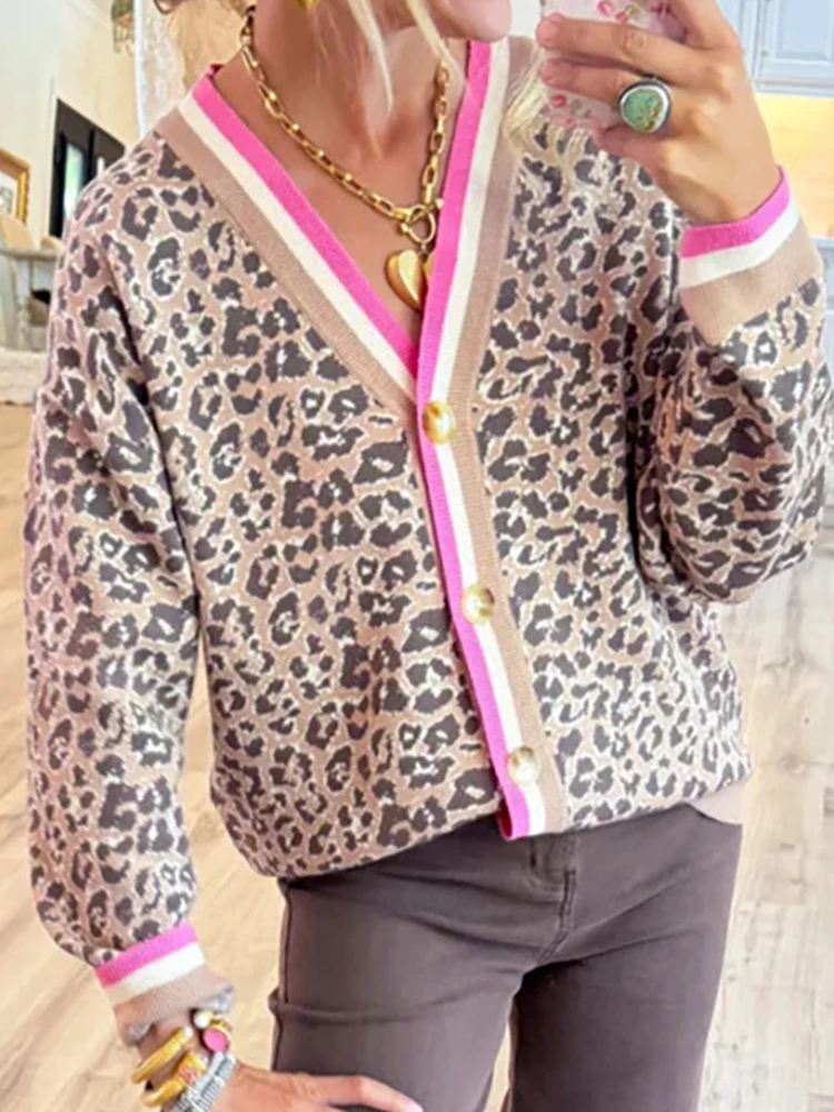 

Casual Contrast Color V-neck Leopard Print Coat Fashion Long Sleeve Women's Commute Outerwear Elegant Single Breasted Fit Jacket