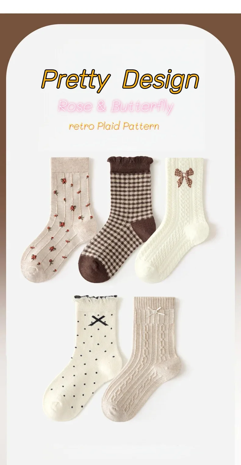 Frühlingssocken Mädchensocken 5 Paar Retro Maillard Color Rüschensocken Kinderwadensocken Baumwollsocken Herbst – Detail 1