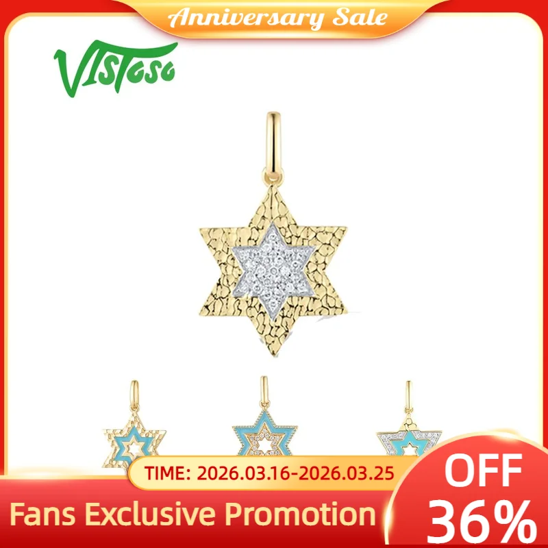 

VISTOSO Genuine 14K 585 Yellow Gold Pendant For Women Sparkling Diamonds Hammed texture star Charms Enamel Trendy Fine Jewelry