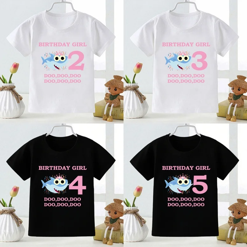 Cartoon Shark Print Cute Girls Clothes 1 2 3 4 5 6 7 8 9 Years Happy Birthday Kids Short Sleeve T shirt Funny Baby Boys T-Shirts