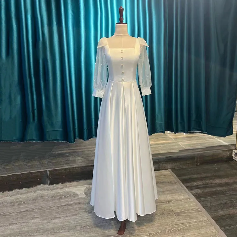 

Fashion Square Collar Bridal Dress With Illusion Sleeve New Satin Wedding Dresses Elegant A Line Long Simple Vestidos Customized