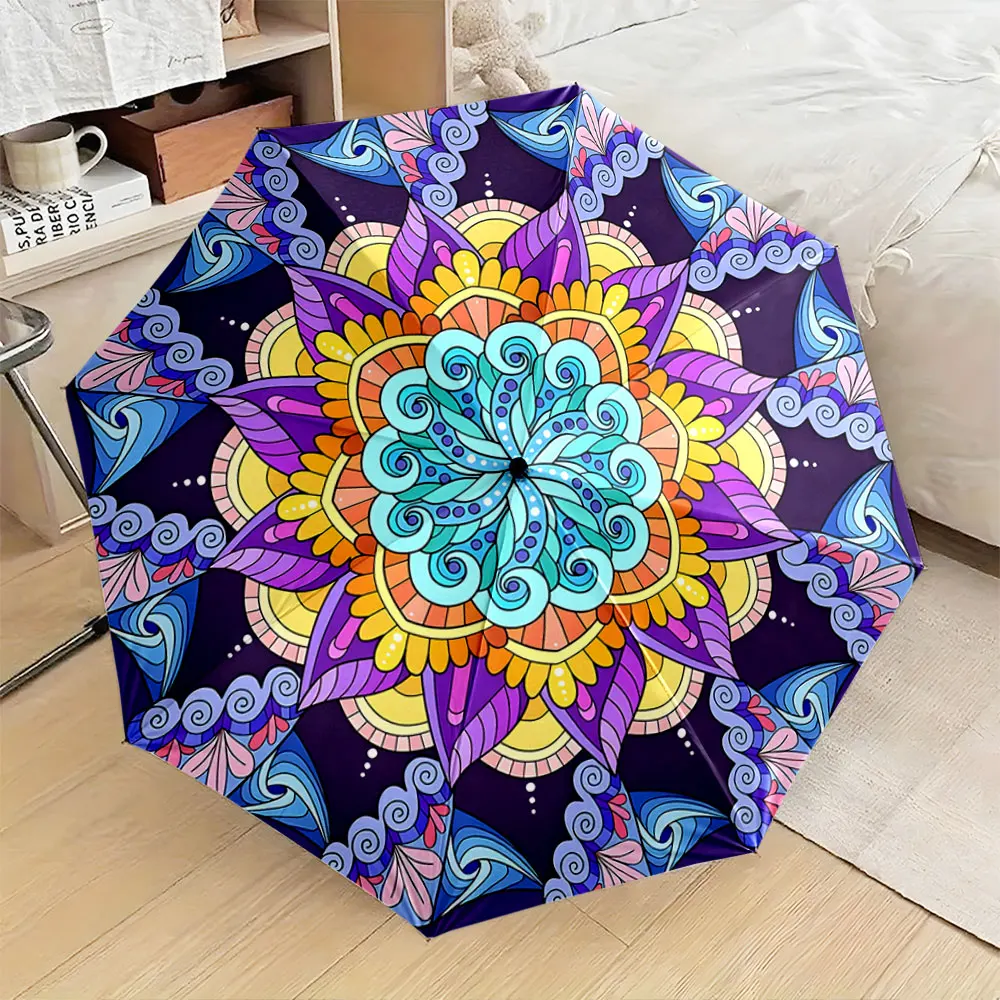 1PC Colorful Mandala Design Umbrella for Artistic Style Print 8 Iron Ribs Folding Umbrella Auto-Open Fashion Sunshade