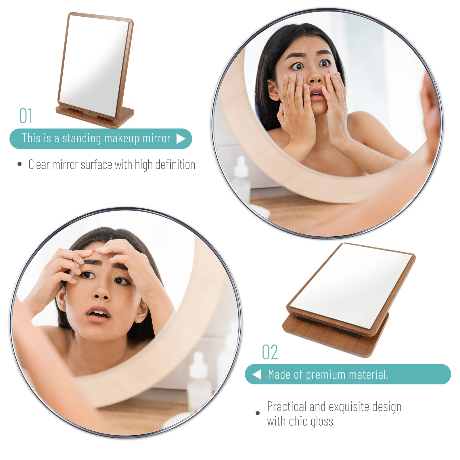 

Rustic Wood Vanity Mirror Try Wearing Makeup Glasses Retro Desk Decor Slender Design Smooth Swivel Bedroom Hand Mirrors