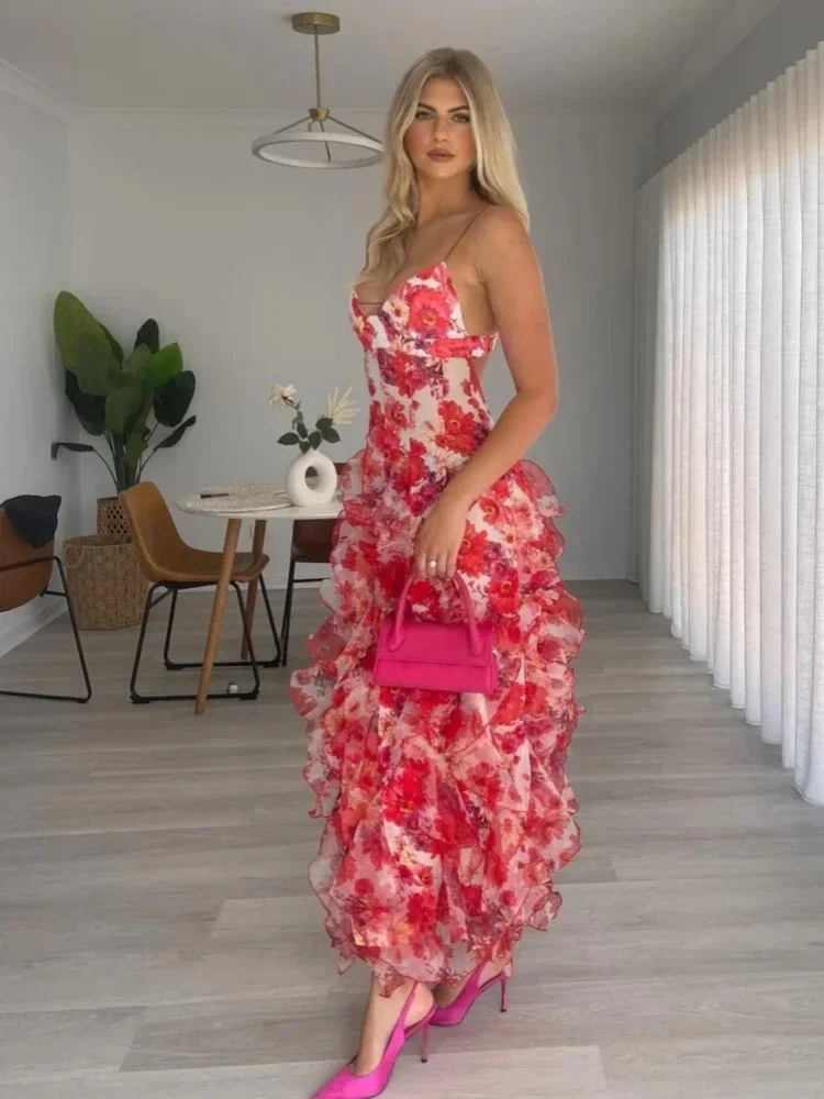 Mulheres sexy sem encosto com decote em V babados maxi vestidos, cinta de espaguete, estampa floral, feriado, praia, clube, festa, verão