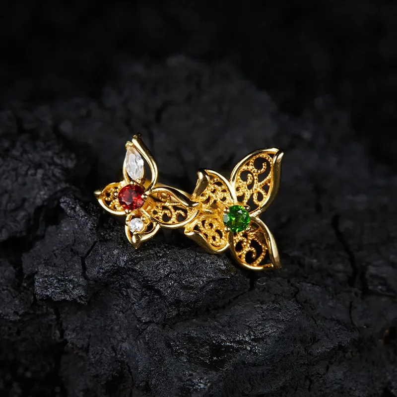S925 sterling silver inlaid with natural diopside garnet colored treasure ring female personality hollow new butterfly open