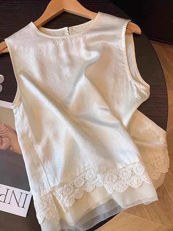 

Ацетатная кружевная лоскутная майка, женская летняя новая свободная верхняя одежда, элитная круглая майка Ne Svel irt, однотонная внутренняя одежда