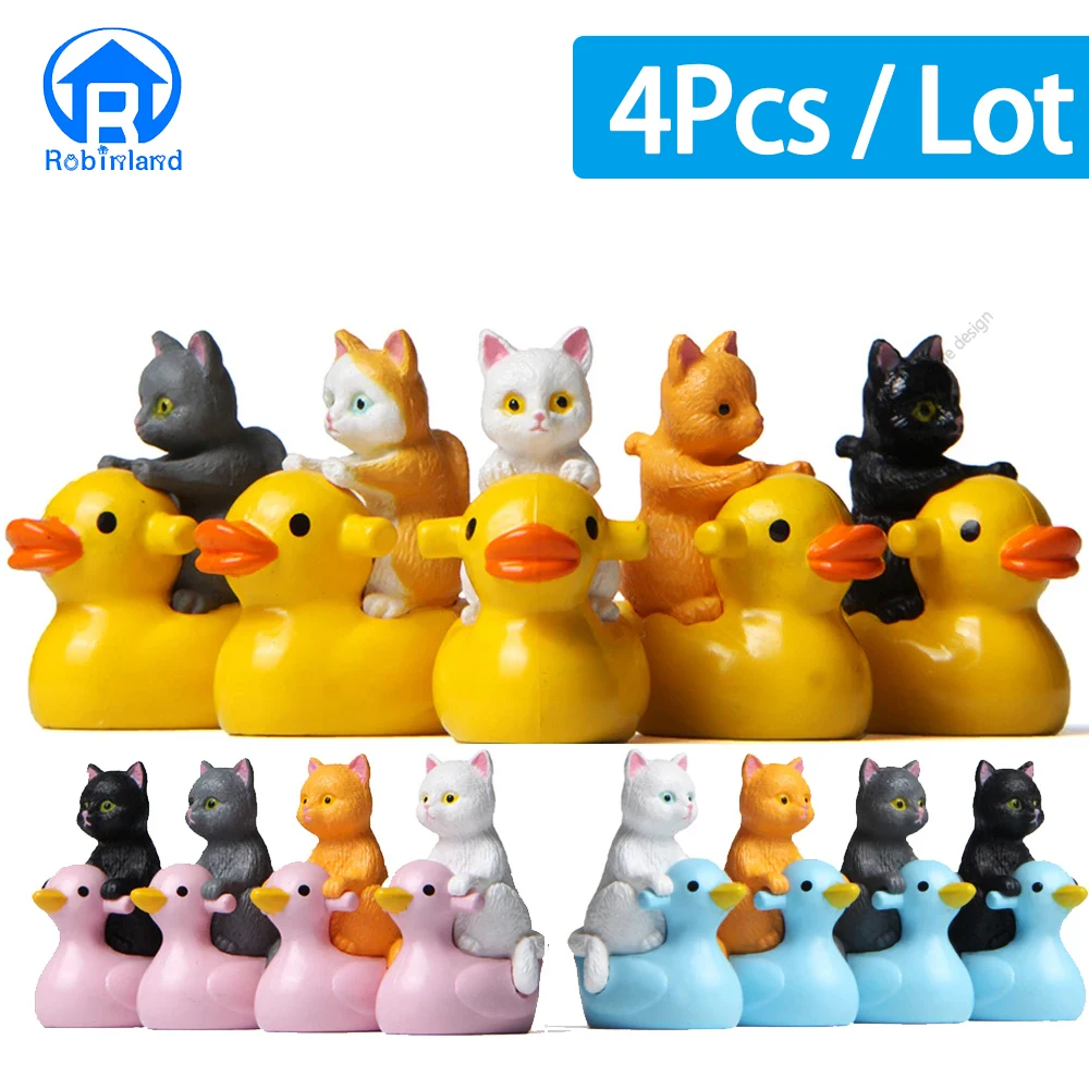 Mini Cute Cat Sitting on Duck Ornament Miniature Handicraft Figurines Landscape Toys for Kids Gift Car Home Garden Decoration