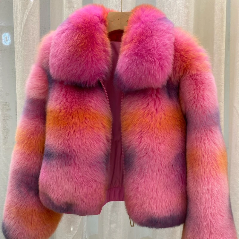 Lapel Real Fox Fur Coat Hand-dyed Dirty New Female Autumn Winter Zipper Knitted Thick Warm Fur Office Lady Jacket for Women 2023