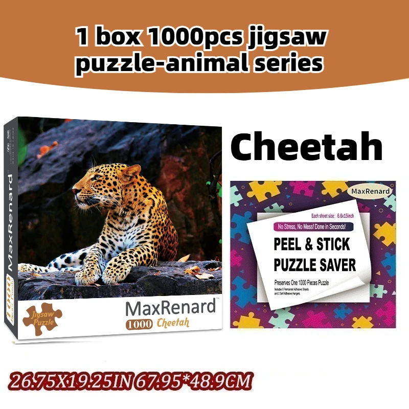1000PCS Cheetah Animal Cardboard Jigsaw Puzzle Complete Framing Display Kit With Large Self-Adhesive Back Stickers PET Hooks