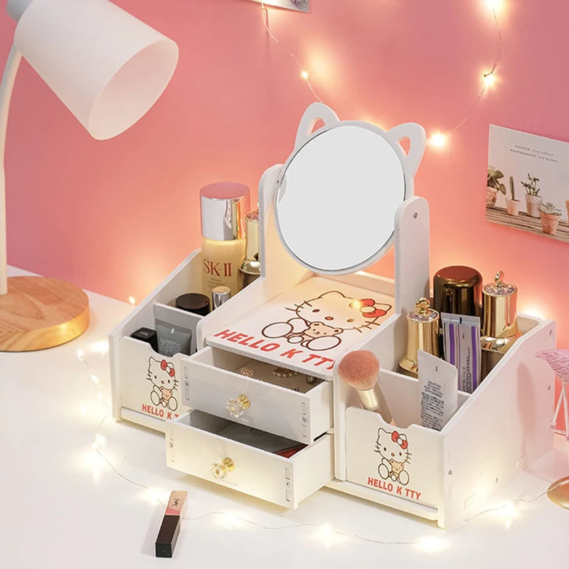 Sanrioed Hello Kitty Cosmetic Storage Box Anime Kawaii Kt Mirror Drawer Dressing Storage Makeup Tools Desktop Student Dormitory