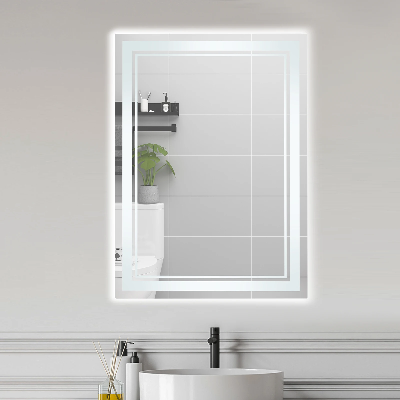 LED-Badezimmerspiegel, 70 x 50 cm, mit Touch-Steuerung, dimmbar, 3-Farben-Beleuchtung, Speicherfunktion, IPX4 wasserdichter Wandspiegel