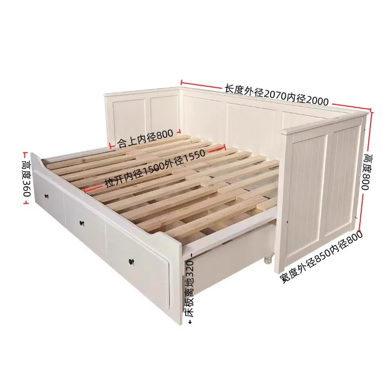 All solid wood sofa bed, sitting and sleeping dual-purpose bed, simple modern push-pull bed storage, double-layer folding small