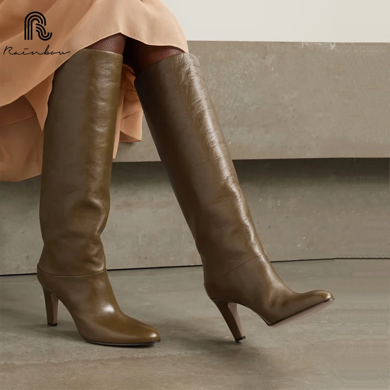 RAINBOW Size 32-46 New Genuine Leather Women's Knee High Square Toe High Heels Autumn Winter Ladies Brand Fashion Long Boots