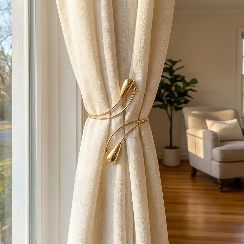 2PCS Adjustable Teardrop Shape Curtain Buckle Belt Burlap Flower Metal Curtain Holders Arm Ring Curtain Holdbacks