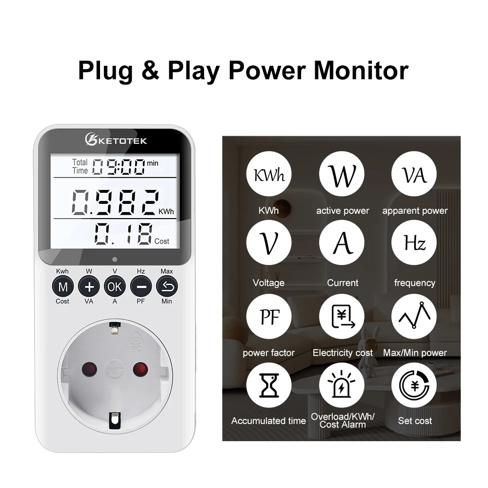 Medidor de energia ac digital wattímetro tomada consumo watt medidor de energia kwh plugue da ue 220v monitor analisador elétrico
