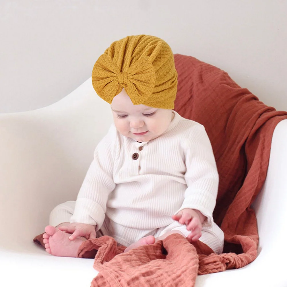 Baby Turban Hats Baby Girls Boys Hat Solid Color Bow Knotted Hats Newborn Fetal Cap Headband Kids Headwear Hair Band Accessories