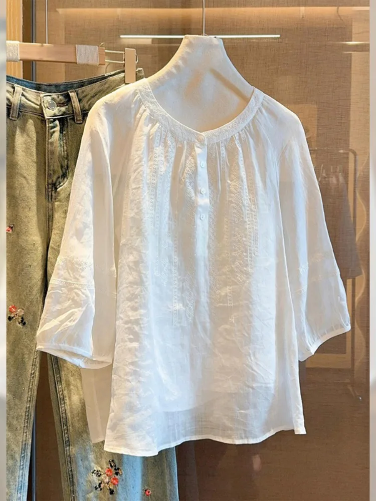 

White Linen Embroidered 7/8 Sleeve Shirt Women Summer Loose plus Size High End Atmosphere Thin Linen round Neck Shirt